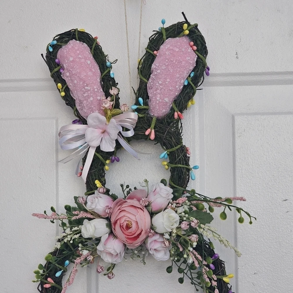 Handmade Floral bunny Spring/Easter Wreath with light pink and white florals
